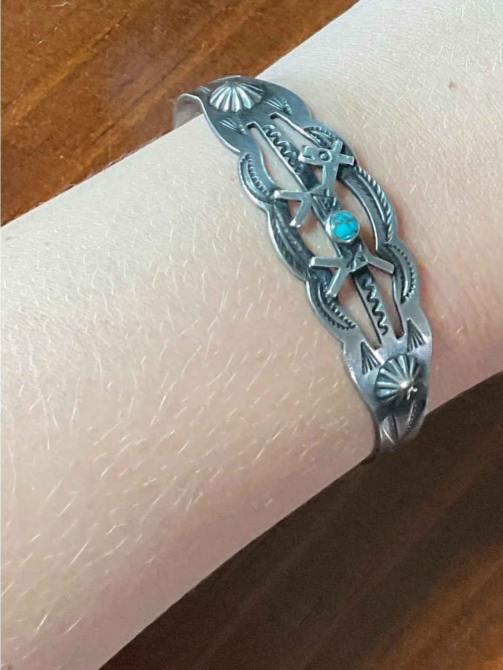 Vintage Sterling Silver Turquoise Native American Cuff Bracelet Artisan Signed